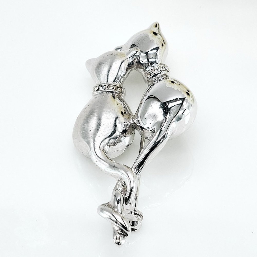Vintage Brooch Pin, Silvertone Rhinestone Cats, Collectible Cat Lovers Gift